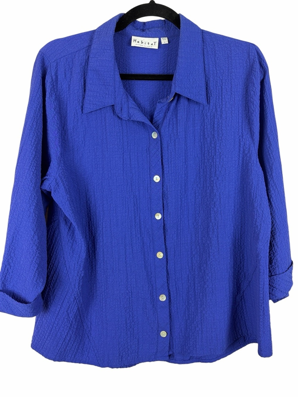 Habitat Royal Blue Crinkle Button Front Blouse Women’s Large Roll Tab Sleeve